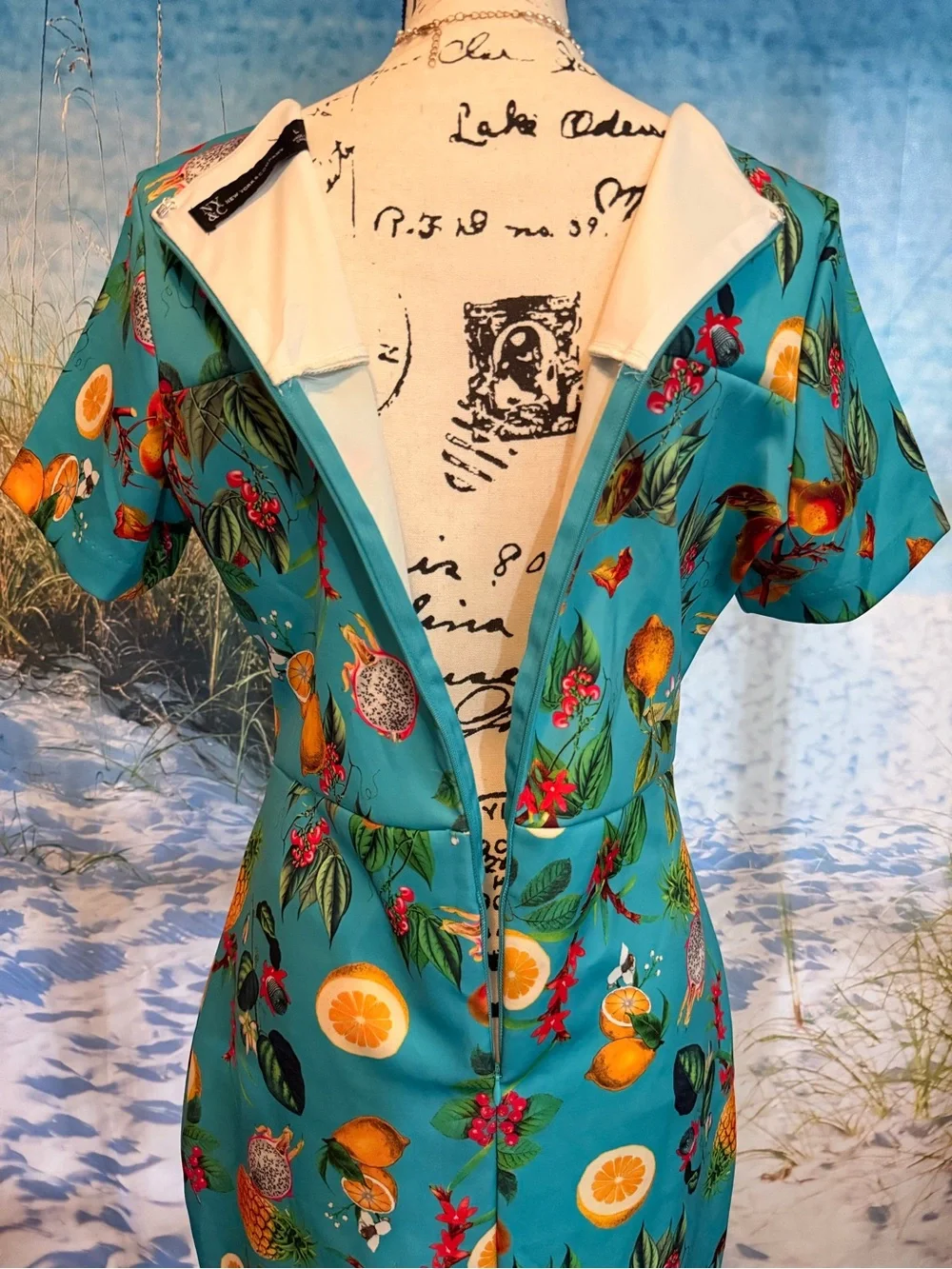 New York & Company Turquoise Pineapple & Citrus Print Midi Dress